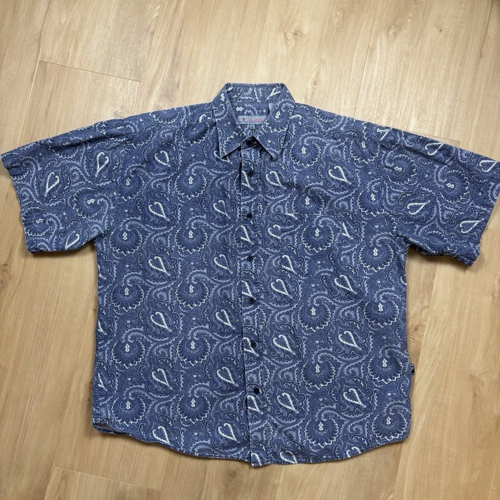 7 Diamonds XL Blue Paisley Short Sleeve Button Up Boho‎